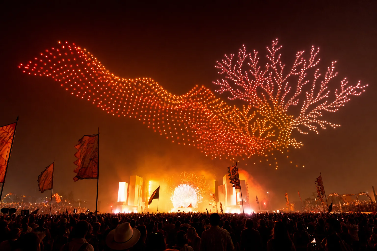 Flowing drone wave above a nighttime music festival