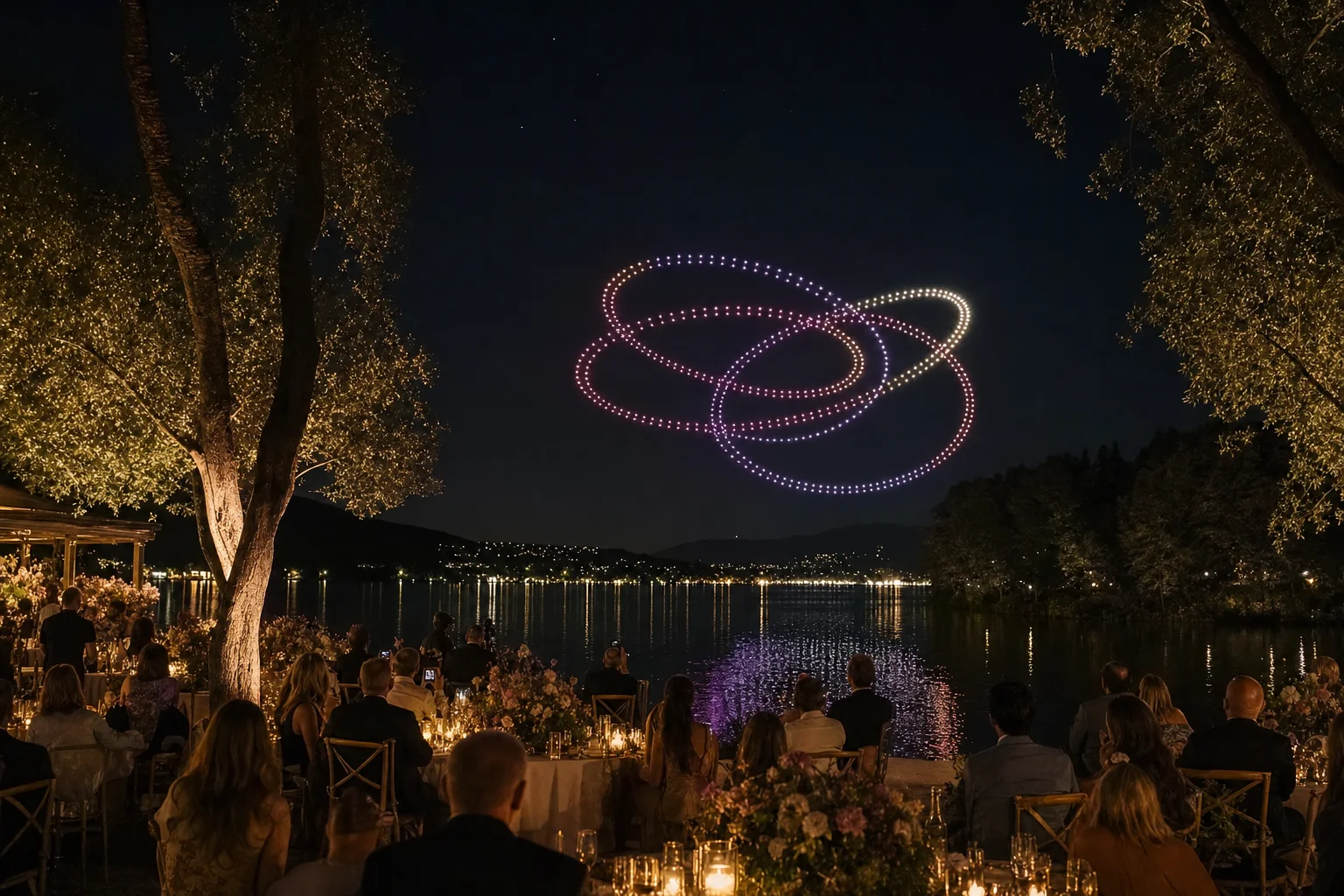 Interwoven celestial drone rings above a lakeside reception