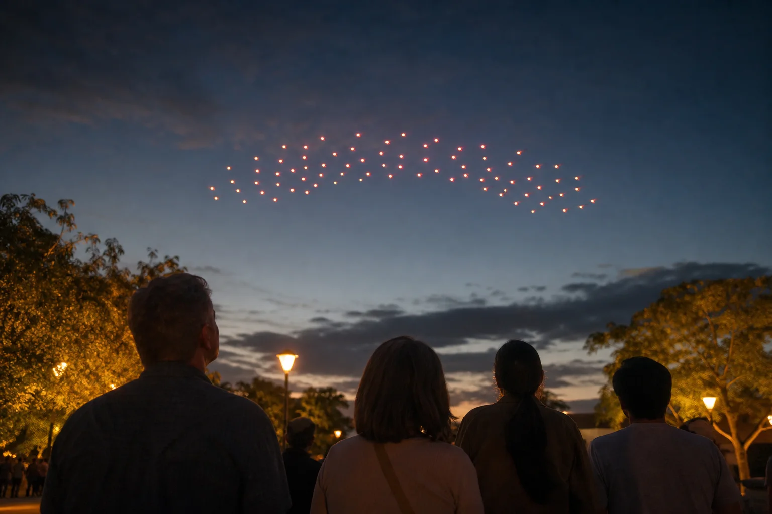 Low-angle view of a synchronized drone constellation above a venue