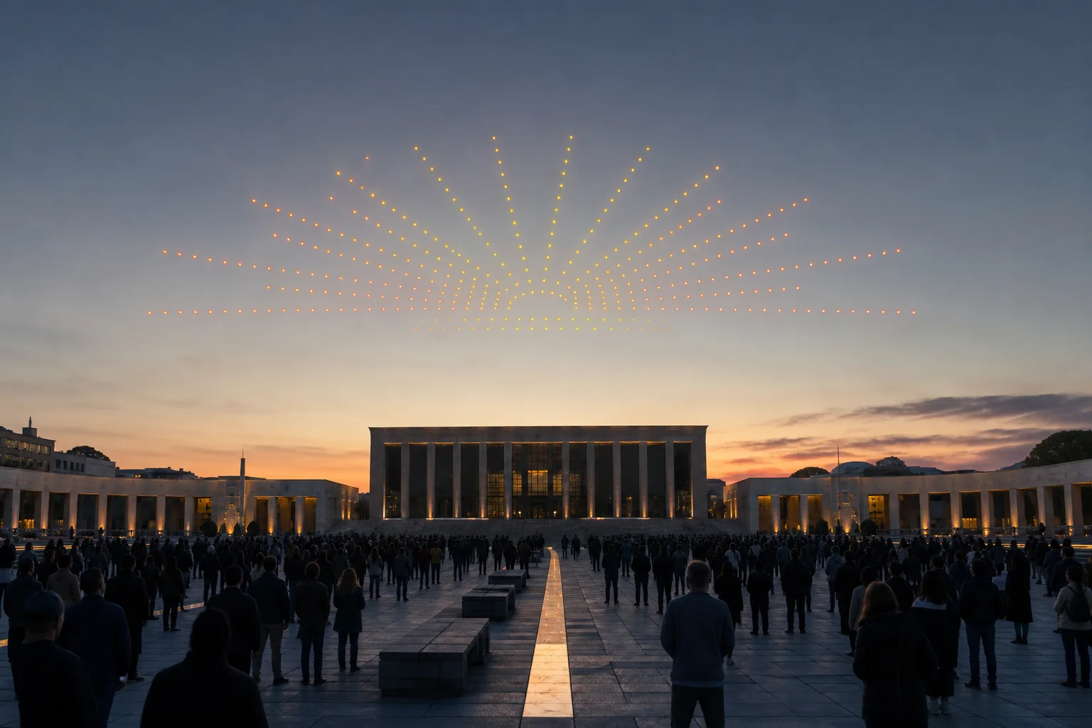 Radiant drone sunrise spanning a grand civic square