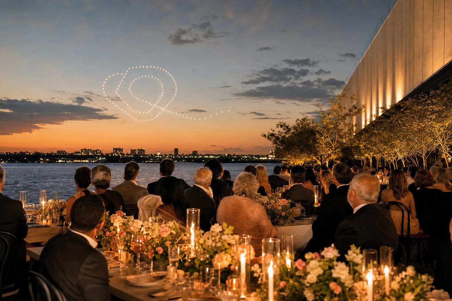 Audience gathered beneath a champagne and peach drone formation at a waterfront reception
