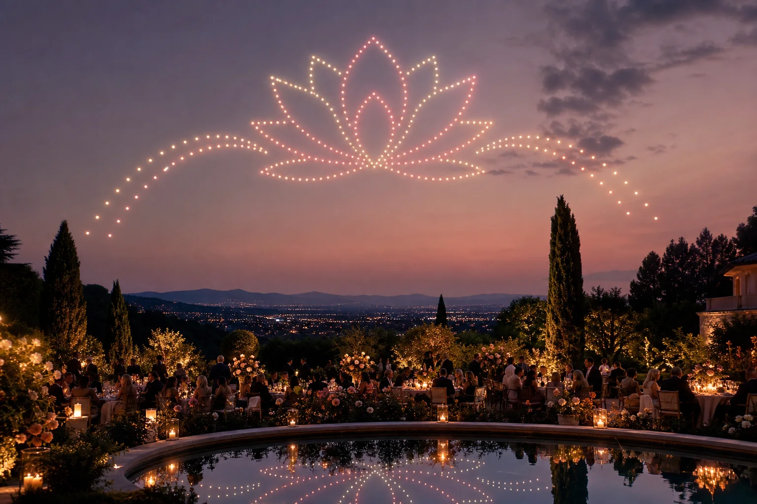 Lotus drone formation above a private garden celebration
