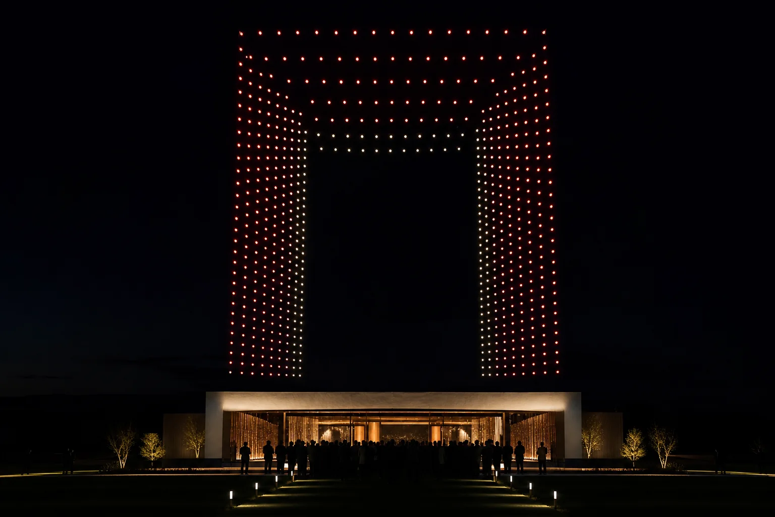 Geometric drone portal above a contemporary event pavilion