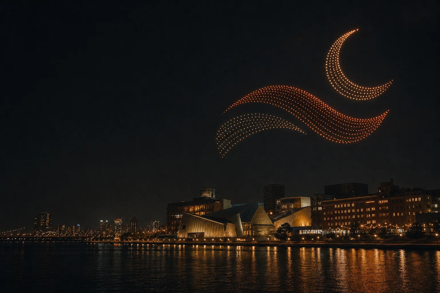 Cinematic drone light formation above a waterfront skyline