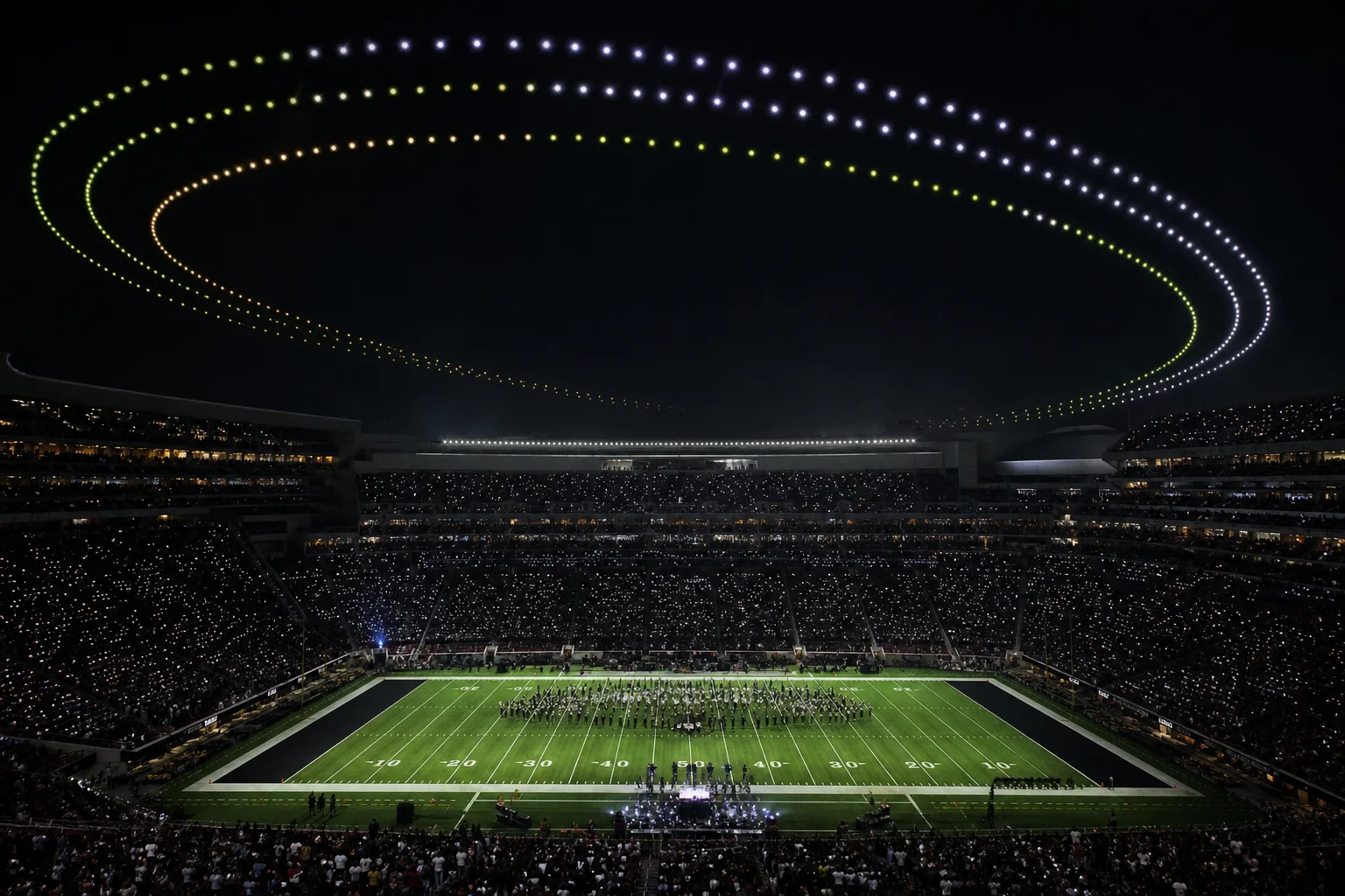 Orbital drone formation sweeping above a stadium