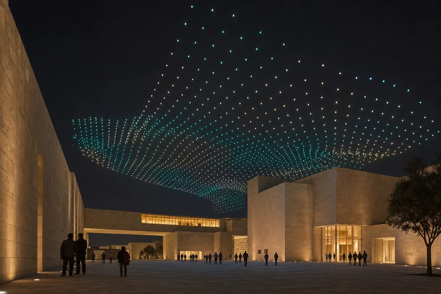 Immersive lattice of drone lights above a contemporary museum