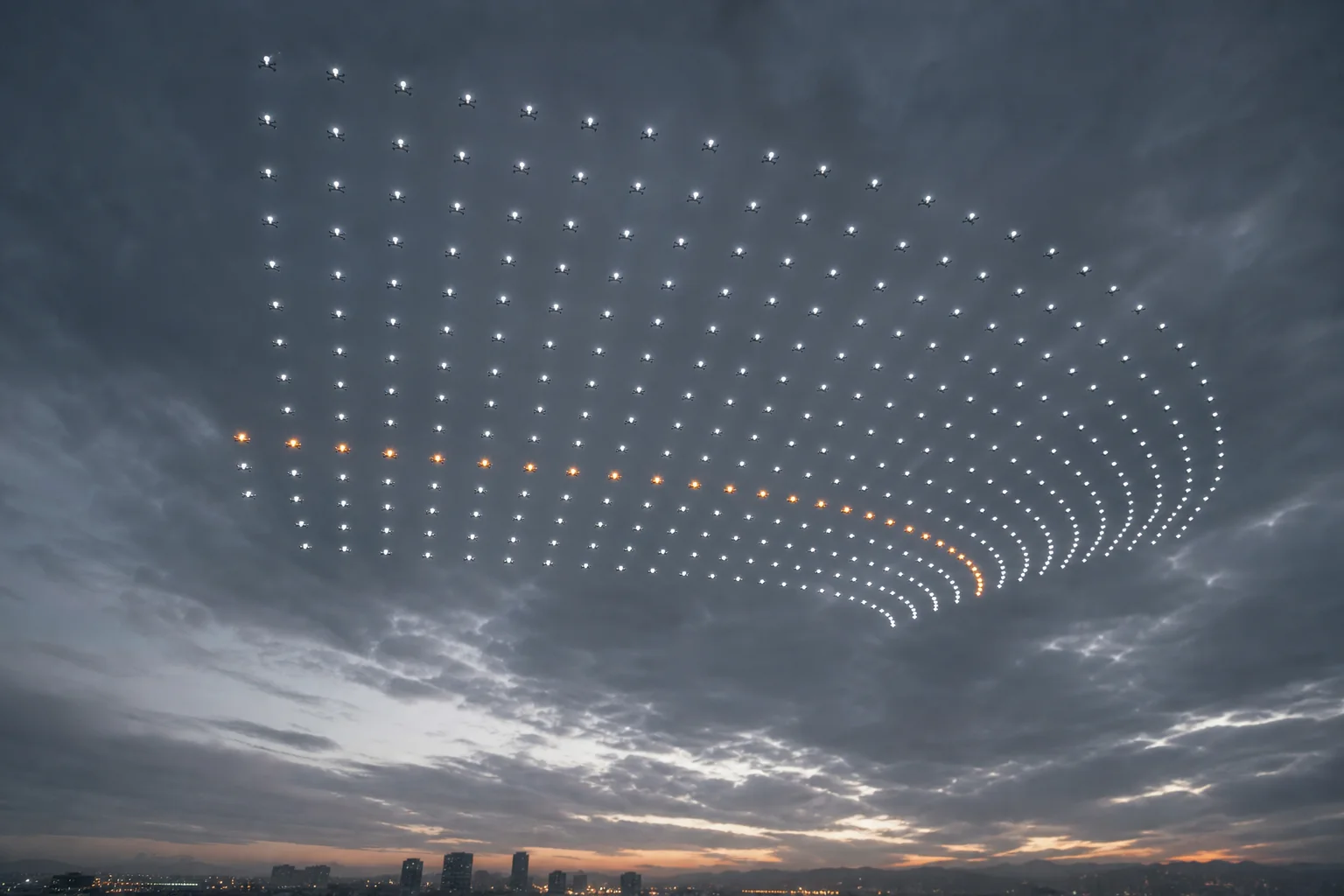 Precisely spaced drone lights forming a three-dimensional grid