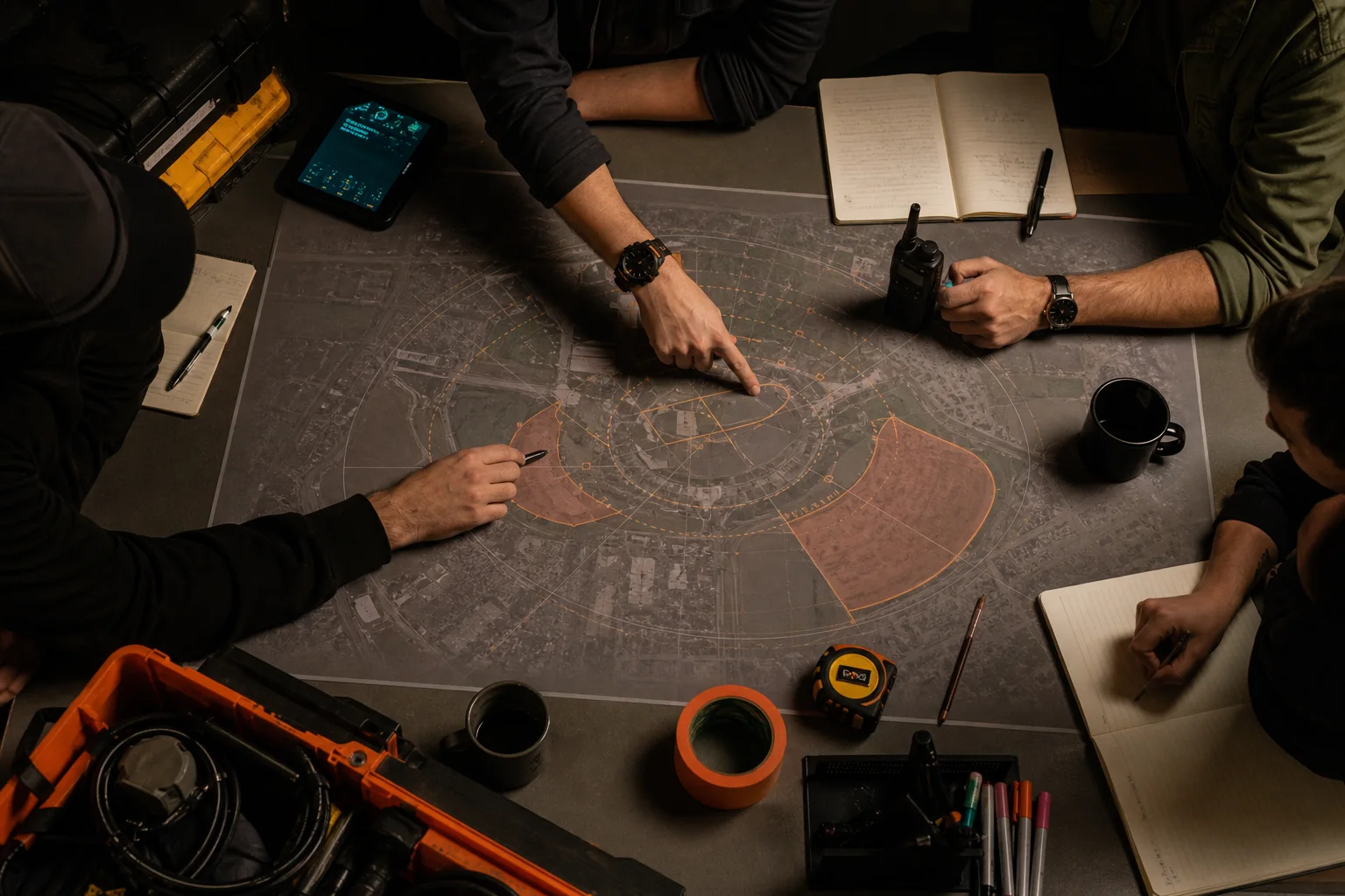 Production team planning a choreographed drone show on a glowing venue map