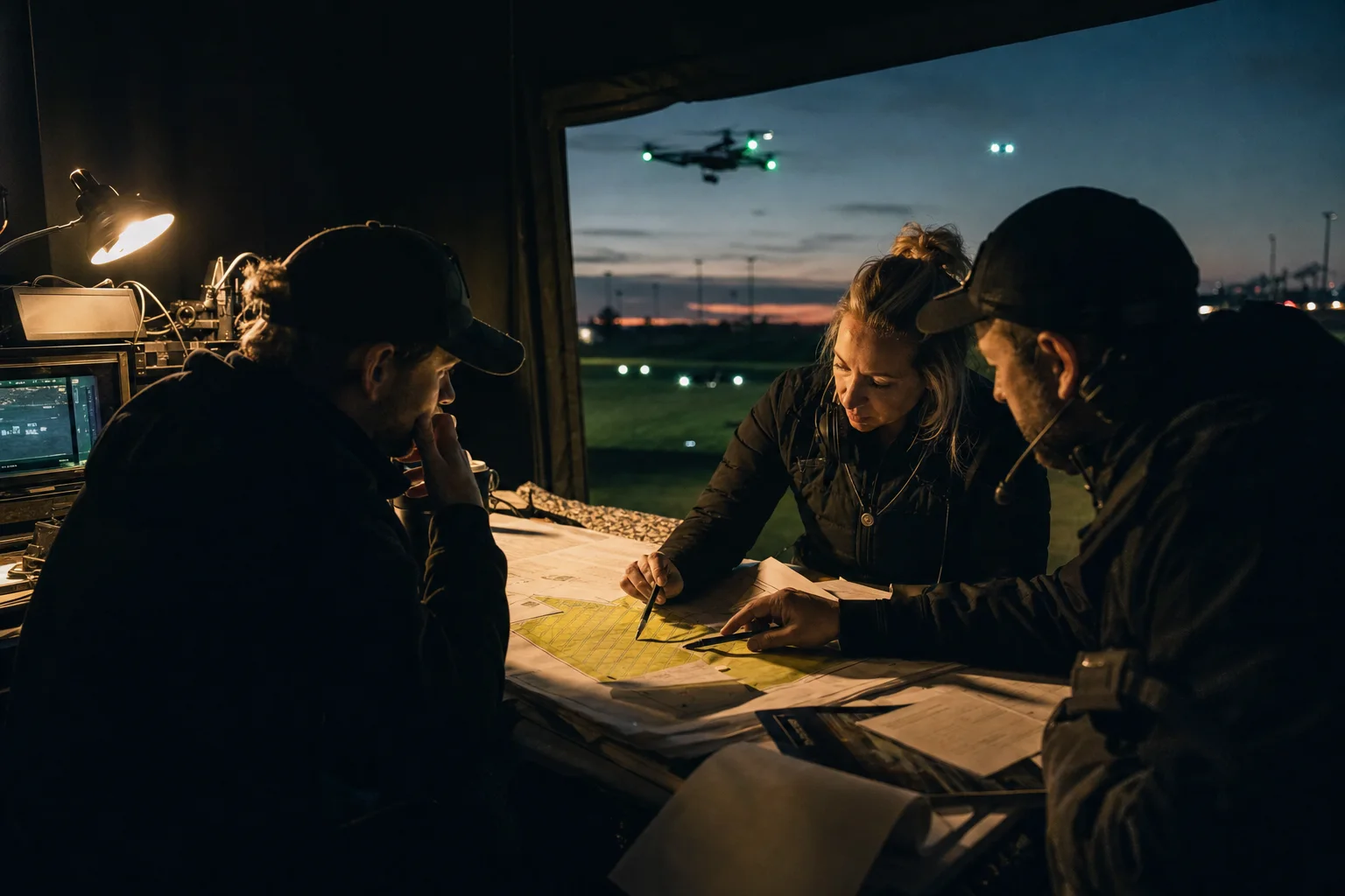 Flight operations team coordinating a drone show over a venue