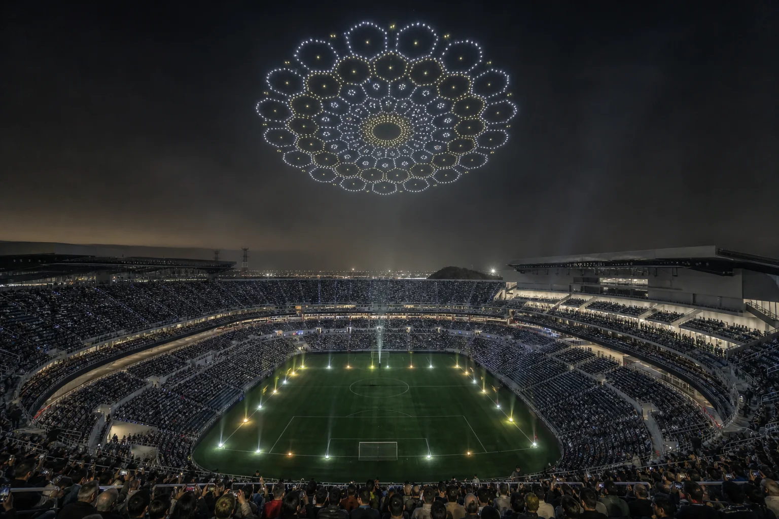 Monumental drone light show filling the sky above a stadium