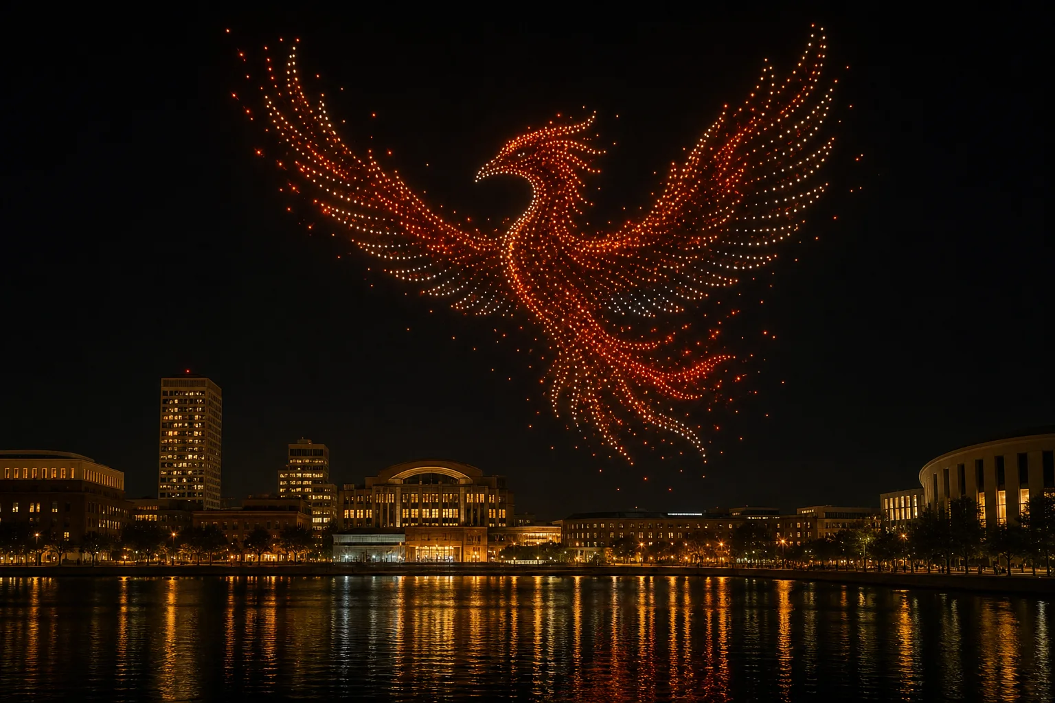 Phoenix-shaped drone formation above a waterfront skyline