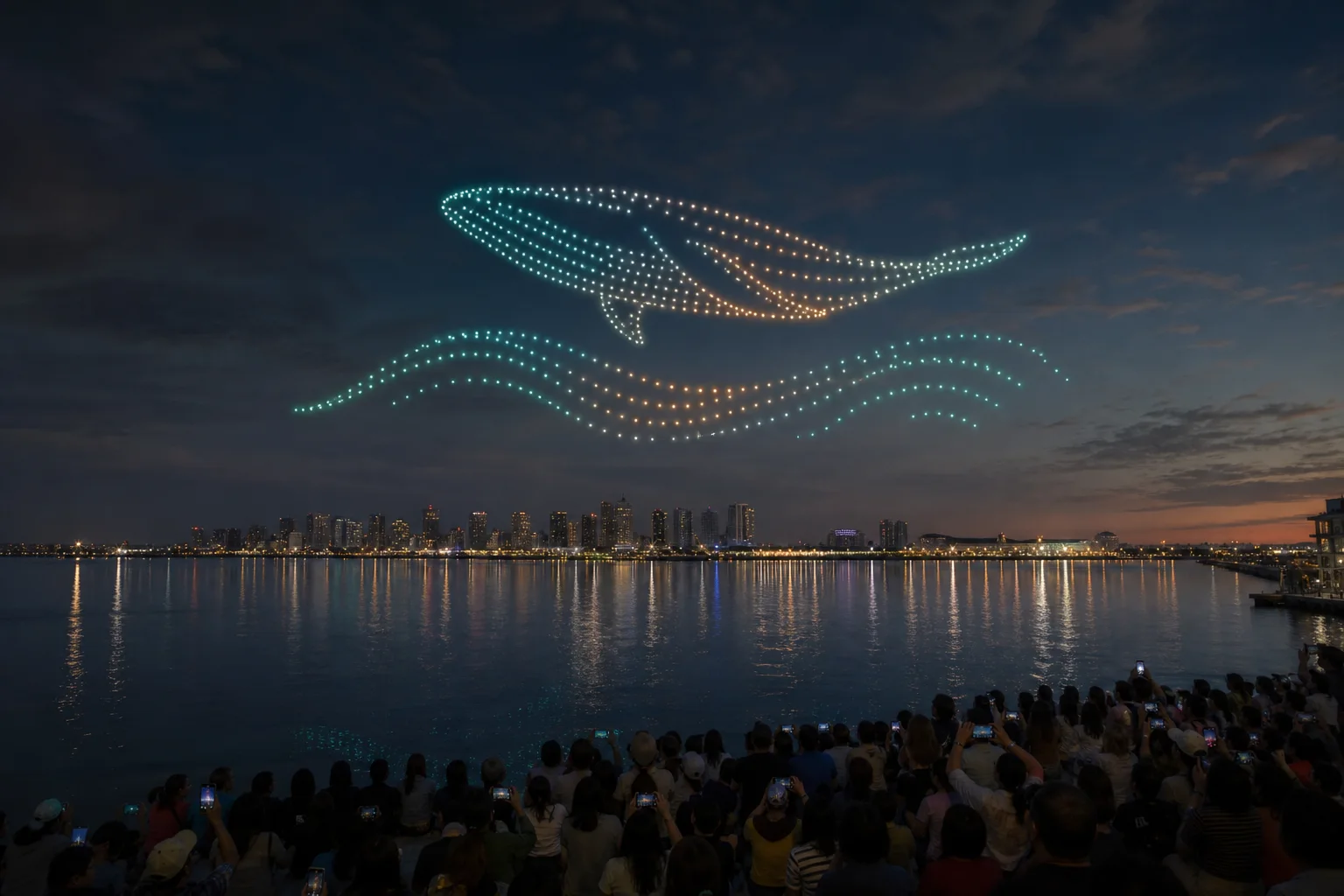 Whale and wave drone formation above a waterfront audience