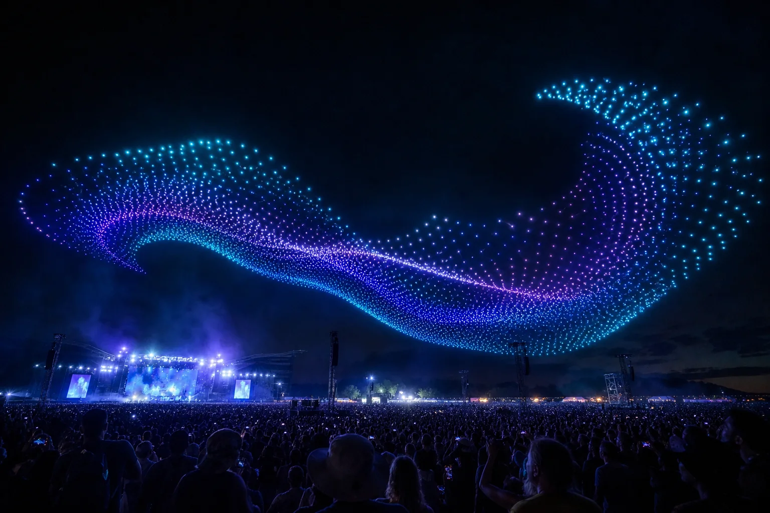 Flowing blue and violet drone wave above a nighttime music festival