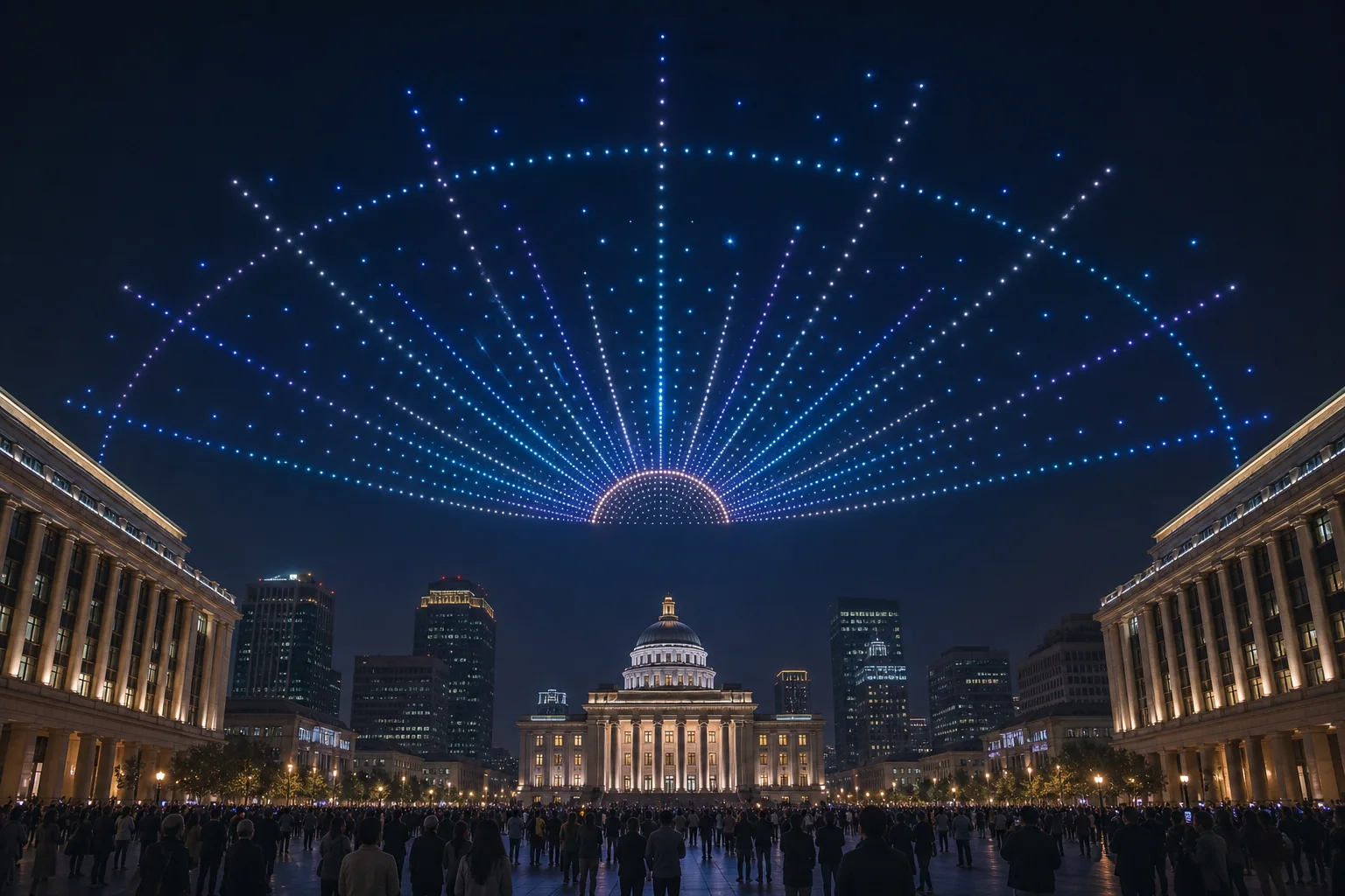Radiant sunrise drone formation spanning a grand civic square