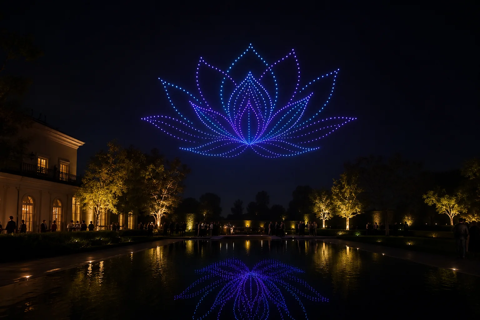 Lotus-shaped drone formation reflected in an elegant garden pool
