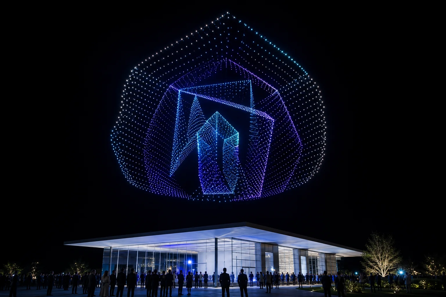 Geometric drone portal suspended above a glass event pavilion