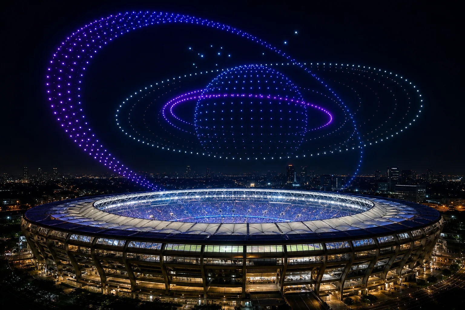 Orbital drone formation sweeping above a packed modern stadium