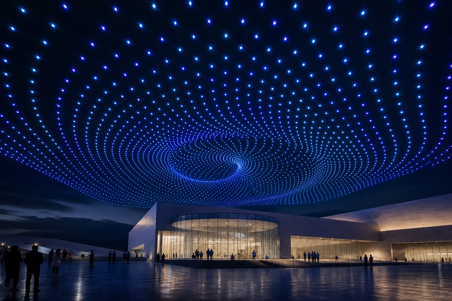 Immersive lattice of blue drone lights above a contemporary museum