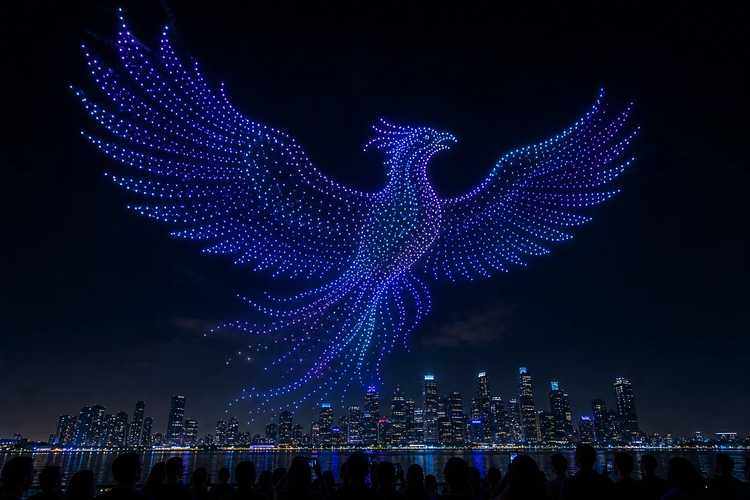 Phoenix-shaped drone formation glowing above a waterfront skyline