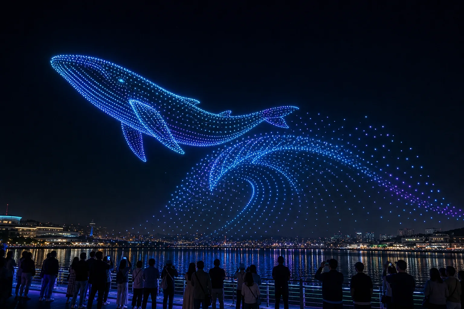 Whale and wave drone formation above a waterfront audience